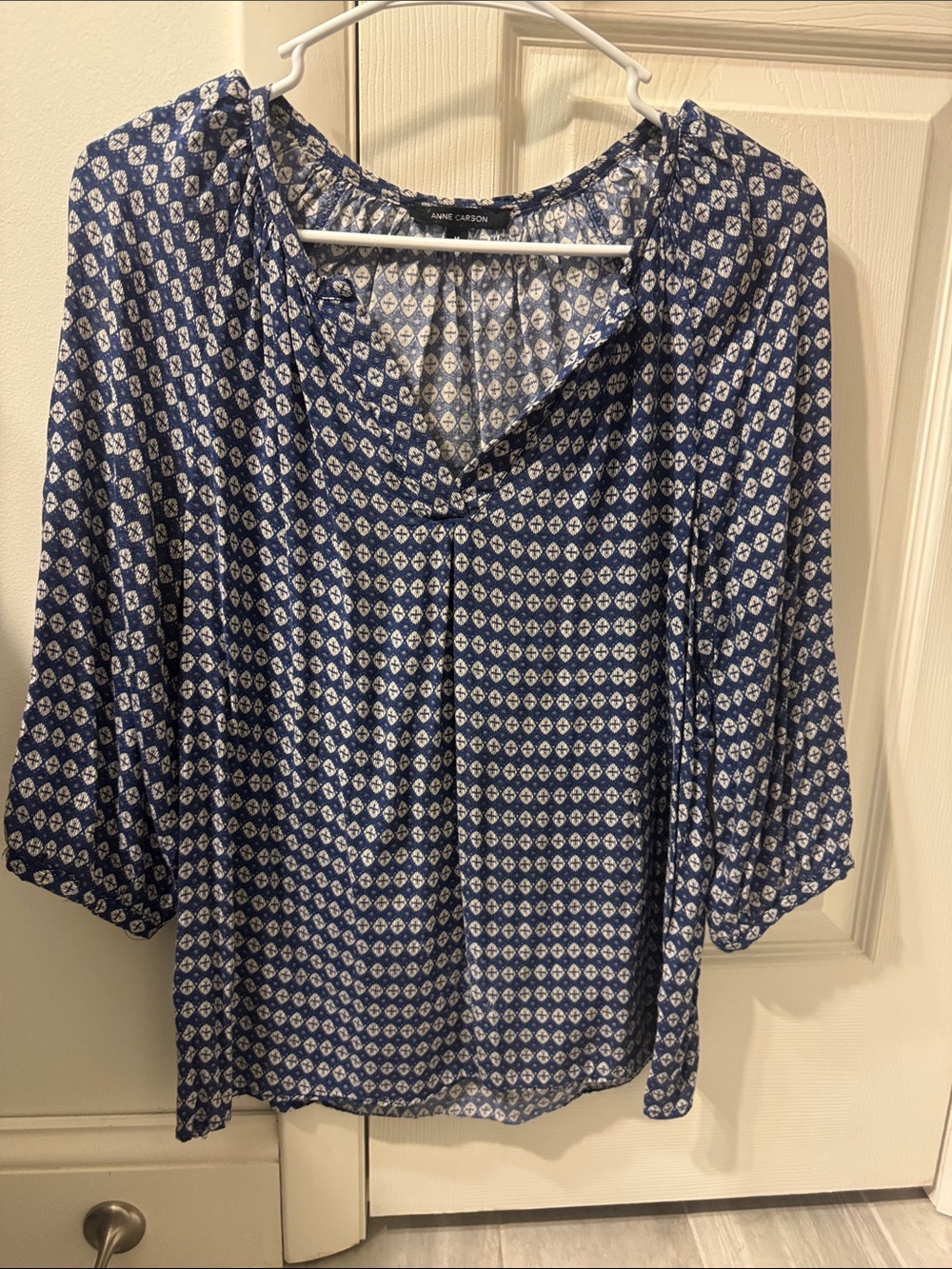 Anne Carson Navy and White Geometric Print Tunic Blouse